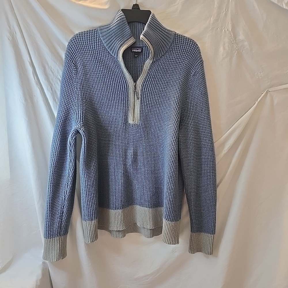 Patagonia EUC Blue and Grey Half-Zip Waffle Knit Sweater